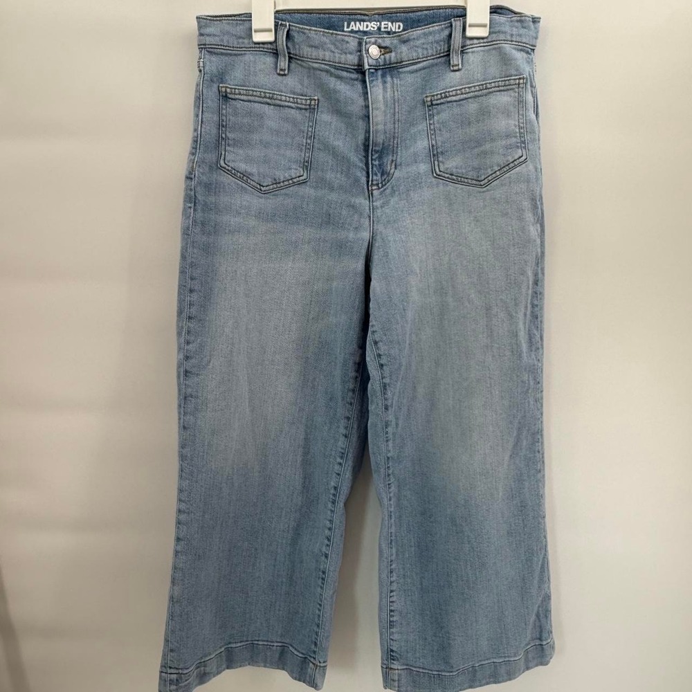 Lands' End High Rise Wide Leg Crop Soft Denim Patch Pocket Jeans Light Wash 14